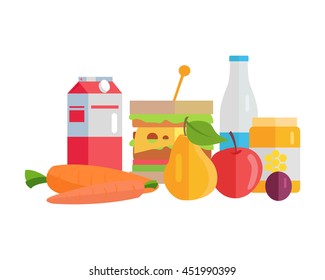 Group of food vector illustrations. Flat design. Collection of various food: milk, honey,  yogurt, juice, fruits and vegetables on white background for diet, menus, signboards illustrating.  