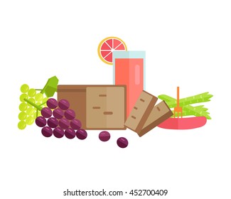 Group of food vector illustrations. Flat design. Collection of various food: bread, juice, sausage, fruits and vegetables on white background for diet, menus, signboards illustrating, web design.