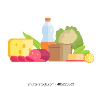 Group of food vector illustrations. Flat design. Collection of various food: cheese, sausage, bread, water, fruits and vegetables on white background for diet, menus, signboards illustrating.