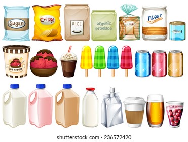 A group of foods and drinks on a white background 