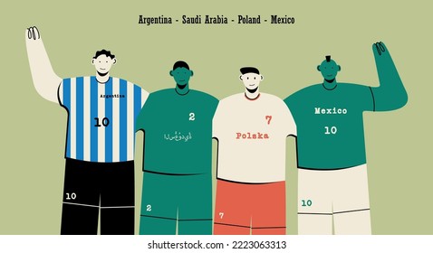 A group of football fans, football players of different national teams. The concept of friendship between people from different countries. Men are standing, posing together. Male cartoon characters.