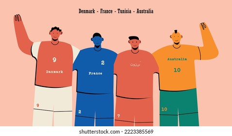A group of football fans, football players of different national teams. The concept of friendship between people from different countries. Translation: "Denmark. France. Tunisia. Australia"