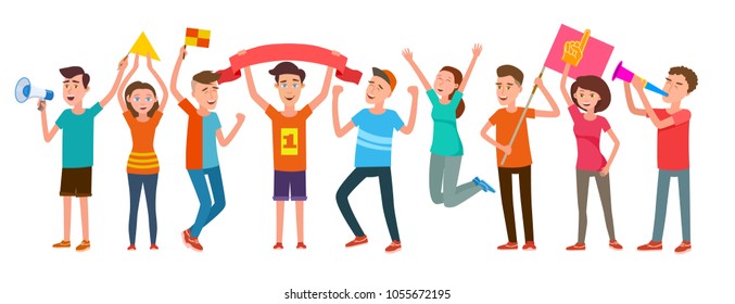 Group of football fans rejoice at the success of their team. Women and men support sportsman, vector illustration