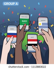 Group A of football (soccer) championship 2018. Multiracial people having fun watching the game. Hands holding smartphones with flags from Russia, Saudi Arabia, Uruguay, Egypt. Mobile Apps concept