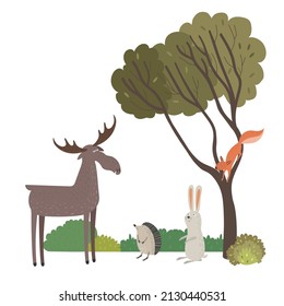 Group of forest animals, elk, hare, hedgehog and squirrel. Vector illustration.