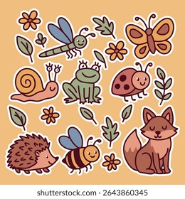 Grupo de animais da floresta e insetos como raposa, rã, caracol, abelha, ouriço, joaninha e libélula em fundo amarelo macio