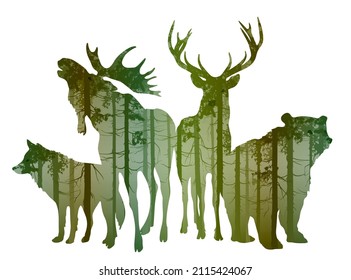 A group of forest animals with a pine forest inside. Bear, elk, deer and wolf. Vector illustration, isolated object