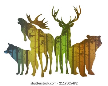 A group of forest animals with a pine forest inside. Bear, elk, deer and wolf. Vector illustration, isolated object	
