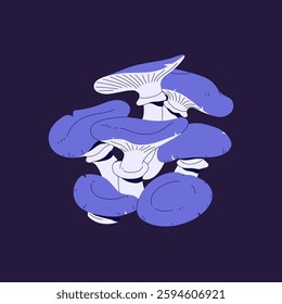 Group of forest inedible mushrooms with purple cap. Colourful poisonous boletus, toxic fungi. Woodland venomous bolete. Violet psychedelic, hallucinogenic fungus. Flat isolated vector illustration