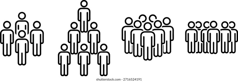 Symbolsatz für Gruppenbildung, stilisierte Personengruppen, Grafiken sozialer Strukturen, minimales Vektordesign, Konzeptelemente für die Organisation
