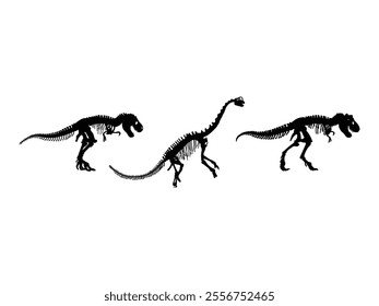 Group of Fossil Skeleton Dinosaur Silhouette isolated white background. T Rex Dinosaur Skeleton Vector Illustration