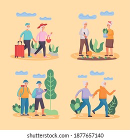 group of four active seniors couples practicing activities characters vector illustration design