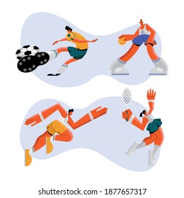 group of four athletes practicing sports characters vector illustration design