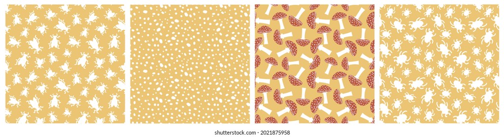 Group of four autumn seamless patterns. Vector bugs, insects, mushrooms and abstract elements in yellow red white colors