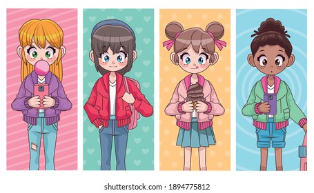 group of four beautiful interracial teenagers girls anime characters vector illustration design