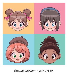 group of four beautiful interracial teenagers girls anime head characters vector illustration design