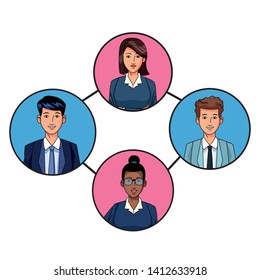 group of four business people afromerican with bun and glasses, man smiling and woman with short hair avatar cartoon character profile picture in round icon vector illustration graphic design