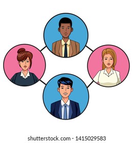 group of four business people afromerican, man smiling and woman with bun avatar cartoon character profile picture in round icon vector illustration graphic design