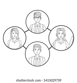 group of four business people afromerican with bun and glasses, man with glasses and woman with bun avatar cartoon character profile picture in round icon black and white vector illustration graphic
