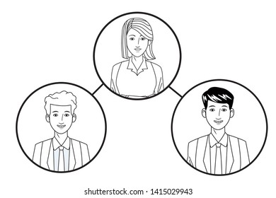 group of four business people afromerican with bun and glasses, man with glasses and woman with bun avatar cartoon character profile picture in round icon black and white vector illustration graphic