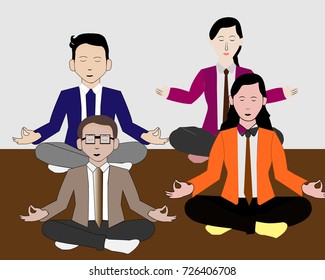 Group of four Business people doing meditation in office for peace. Young man and woman doing yoga at job relaxing in lotus position. Mindful meditation concept illustration vector.
