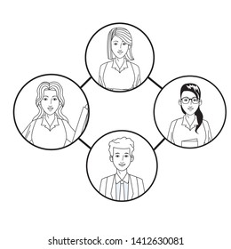 group of four business people woman with glasses, man smiling and woman with short hair avatar cartoon character profile picture in round icon black and white vector illustration graphic design