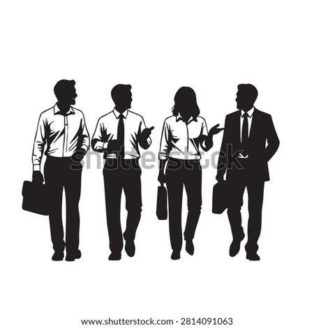 Group of four business professionals walking together in professional attire holding briefcases discussing work projects corporate lifestyle concept team effort success collaboration unity movement professional growth office culture modern business environment silhouettes isolated on white.