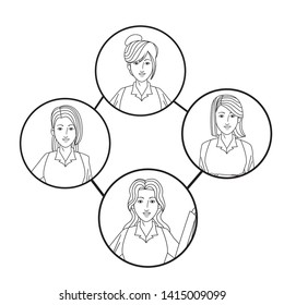 group of four businesswomen with bun and short hair avatar cartoon character profile picture in round icon black and white vector illustration graphic design