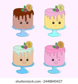 Un grupo de cuatro pasteles con diferentes ingredientes, incluyendo chocolate, bayas, crema y caramelo. Los pasteles se ven deliciosos y tentadores, mostrando una variedad de sabores y texturas