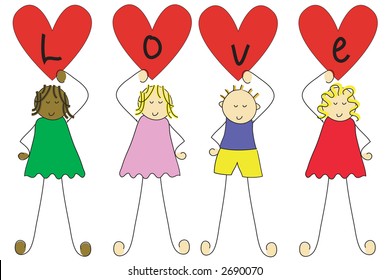 Group of four cartoon children