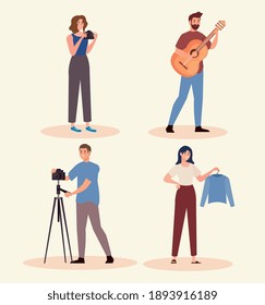 grupo de cuatro personajes jóvenes creativos diseño de ilustraciones vectoriales