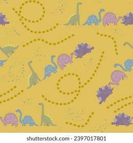 Group of four cute cartoon dinosaurs walking in line in different directions one after another. Seamless pattern. Picture for kids clothes and things.