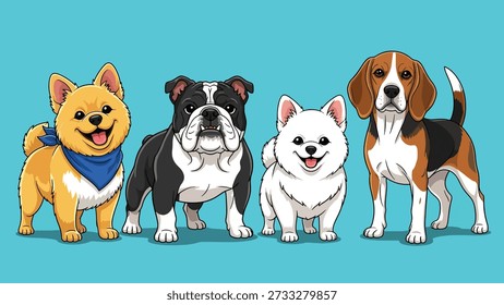 Un grupo de cuatro perros lindos, incluyendo un Shiba Inu, Bulldog, Pomeranian, y Beagle, de pie uno al lado del otro.