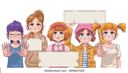 group of four cute girls manga anime vector illustration design