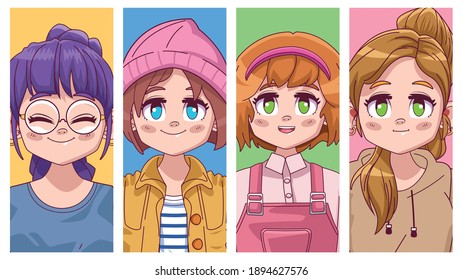 group of four cute girls manga anime vector illustration design