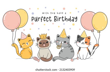 group of four Cute Happy Birthday kitty cats with pastel balloons, cute animal cartoon drawing vector illustration greeting Birthday card