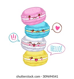 Group of four cute kawaii macarons. Sweet funny macaroons characters for your design.