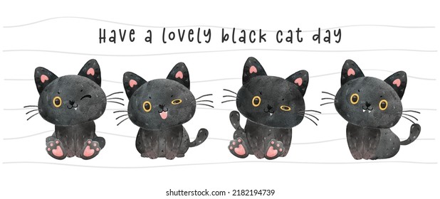 group of four cute watercolor baby black cat hand painting vector illustration banner