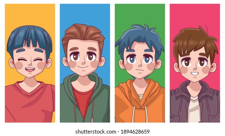 group of four cute youngs boys teenagers manga anime characters vector illustration design