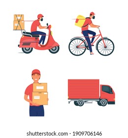 group of four delivery workers team vector illustration design