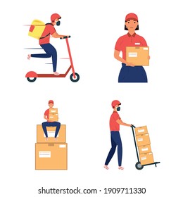 group of four delivery workers team characters vector illustration design