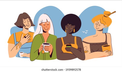 un grupo de cuatro novias diferentes hablando de bebidas - té, café, chocolate caliente. El fondo es un fragmento del cielo azul y tres pájaros. Ilustración plana del vector aislada en fondo blanco