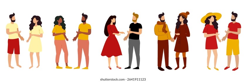 A group of four distinct pairs of individuals interacts energetically, showcasing diverse clothing styles ranging from casual to festive in a vibrant social setting