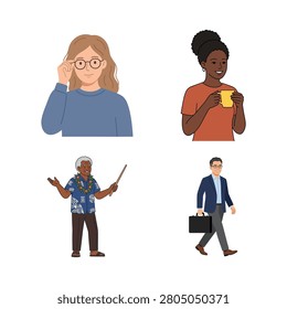 Group of four diverse characters featuring a smart woman coffee drinker senior teacher and businessman vector set.