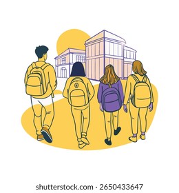 A group of four diverse students, seen from behind, walk towards a stylized building with a large yellow sun graphic. They are all wearing backpacks, suggesting a return to school or a campus scene.