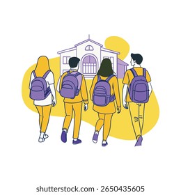A group of four diverse students, seen from behind, walk towards a stylized school building. They are all wearing backpacks, symbolizing education and the start of a new academic journey.