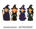 Group of four female characters in witch costumes with hats, broom, staff, wand and potion bottles. Flat cartoon vector illustration. Halloween costume party and magical fantasy concept for design and