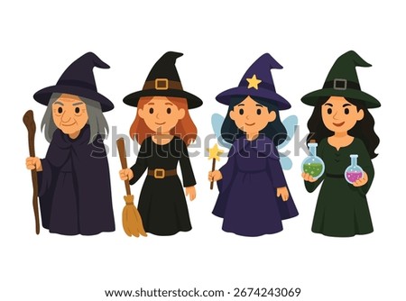 Group of four female characters in witch costumes with hats, broom, staff, wand and potion bottles. Flat cartoon vector illustration. Halloween costume party and magical fantasy concept for design and