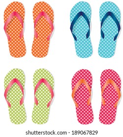 Group of four flip flops or sandals with different colors of polka dots, vector format.