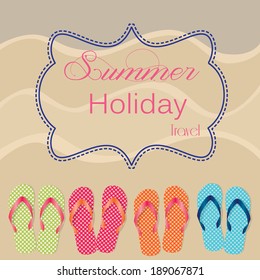 Group of four flip flops or sandals on sandy beach background, frame for text, vector format